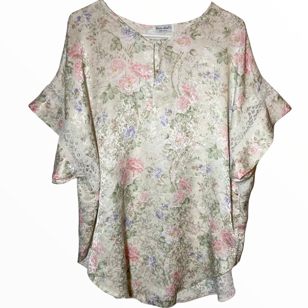 Vintage Lucie Ann II Satin Pajama Set 60s Flutter Blouse Pant Lace Floral 1X